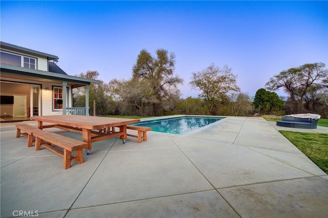 2166 Lopez Dr, Arroyo Grande, CA 93420 - pool at dusk with a patio, an outdoor pool, and outdoor dining space