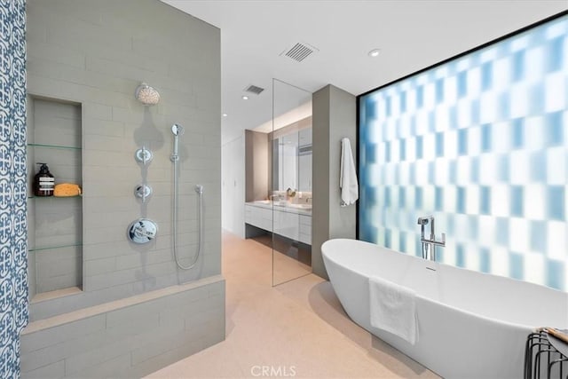 2821 Alma Ave, Manhattan Beach, CA 90266 - full bath featuring walk in shower, a freestanding tub, and vanity