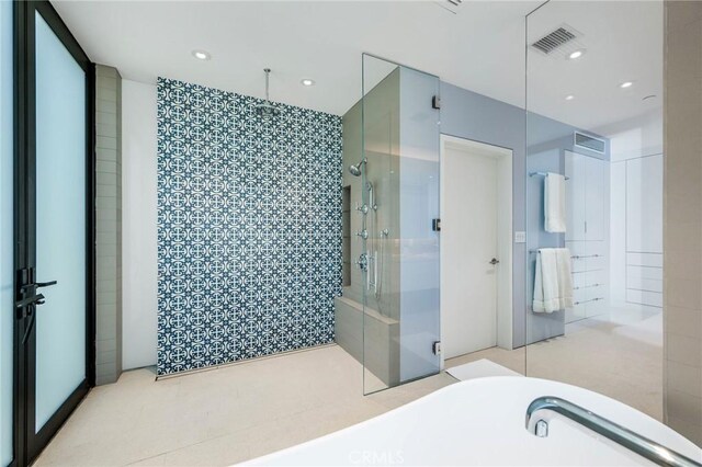 2821 Alma Ave, Manhattan Beach, CA 90266 - bathroom featuring a walk in shower, a freestanding bath, and recessed lighting