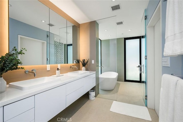 2821 Alma Ave, Manhattan Beach, CA 90266 - full bathroom with a stall shower, a freestanding tub, and double vanity