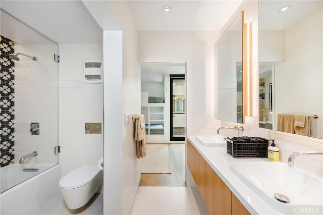 2821 Alma Ave, Manhattan Beach, CA 90266 - bathroom featuring combined bath / shower with glass door, double vanity, recessed lighting, and tile patterned floors