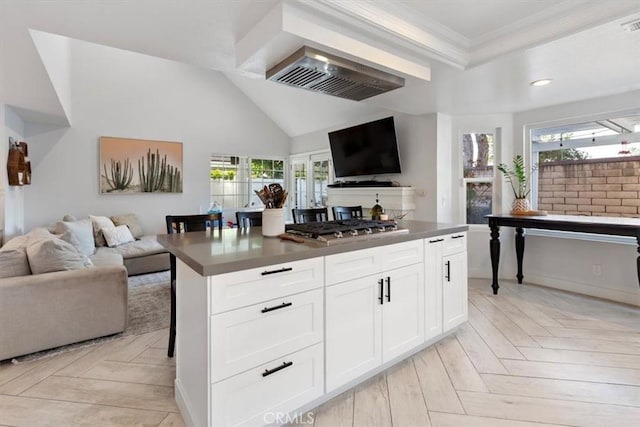 1174 Kingston St, Costa Mesa, CA 92626 - kitchen featuring open floor plan, stainless steel gas stovetop, healthy amount of natural light, and ornamental molding