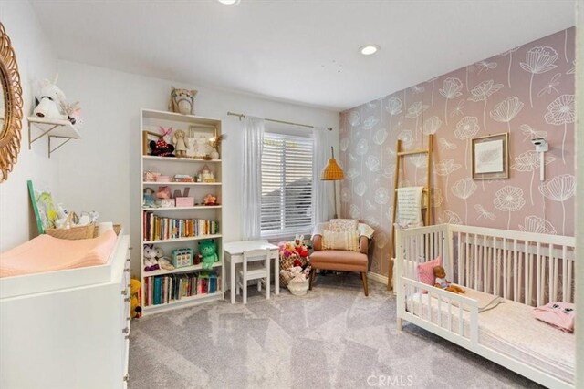 1174 Kingston St, Costa Mesa, CA 92626 - bedroom featuring carpet, wallpapered walls, recessed lighting, and a crib
