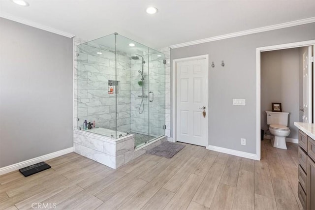 1174 Kingston St, Costa Mesa, CA 92626 - full bath featuring ornamental molding, wood finished floors, a stall shower, recessed lighting, and vanity