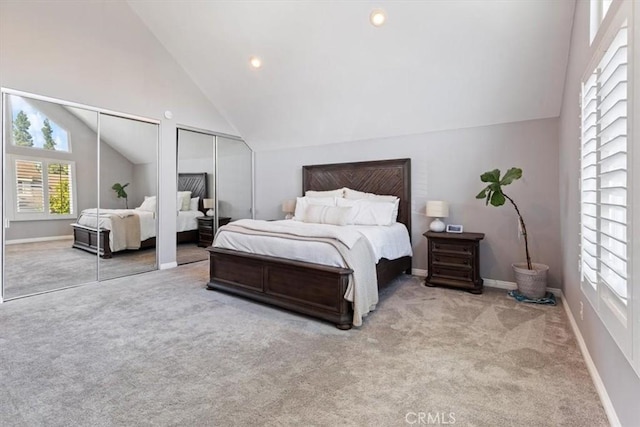 1174 Kingston St, Costa Mesa, CA 92626 - bedroom featuring multiple closets, lofted ceiling, carpet floors, and recessed lighting