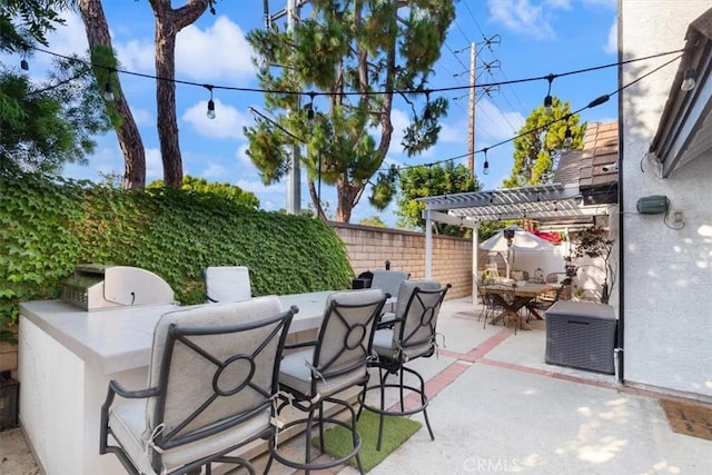 1174 Kingston St, Costa Mesa, CA 92626 - fenced backyard with outdoor dining area, a pergola, and a patio area