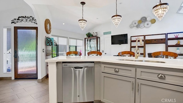 24965 Seagate, Dana Point, CA 92629 - kitchen featuring dishwasher, gray cabinetry, a chandelier, lofted ceiling, and decorative light fixtures