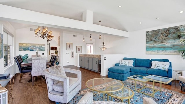24965 Seagate, Dana Point, CA 92629 - living room with a chandelier, dark wood-style floors, recessed lighting, and lofted ceiling
