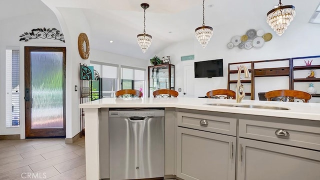 24965 Seagate, Dana Point, CA 92629 - kitchen with dishwasher, gray cabinetry, a chandelier, vaulted ceiling, and decorative light fixtures