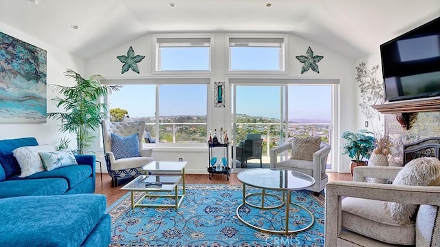 24965 Seagate, Dana Point, CA 92629 - living area with vaulted ceiling, wood finished floors, and a premium fireplace
