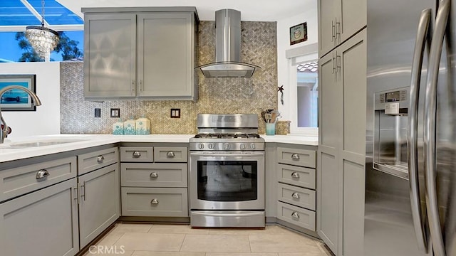 24965 Seagate, Dana Point, CA 92629 - kitchen with appliances with stainless steel finishes, gray cabinetry, wall chimney range hood, and light countertops