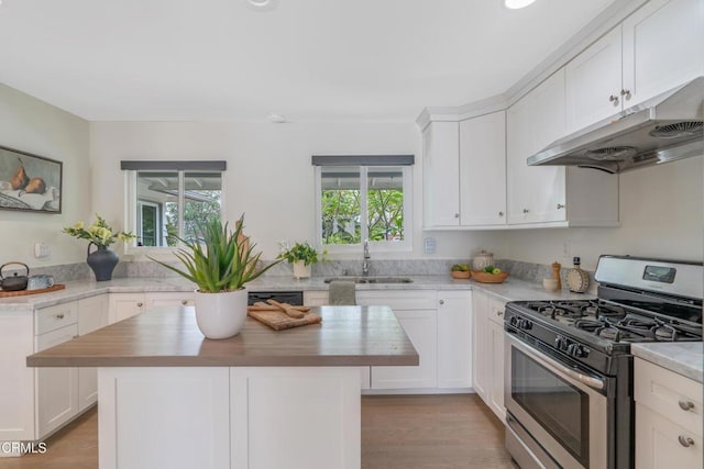 455 E Laurel Ave, Sierra Madre, CA 91024 - kitchen featuring stainless steel gas range oven, butcher block counters, under cabinet range hood, and plenty of natural light