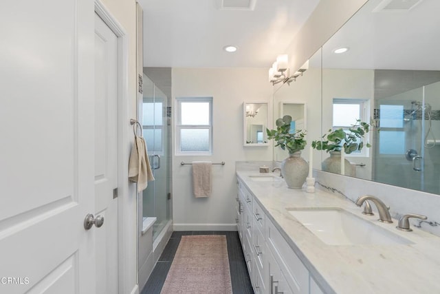 455 E Laurel Ave, Sierra Madre, CA 91024 - full bath featuring double vanity, a shower stall, recessed lighting, and a chandelier