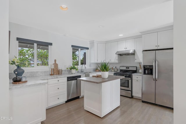 455 E Laurel Ave, Sierra Madre, CA 91024 - kitchen featuring stainless steel appliances, under cabinet range hood, plenty of natural light, white cabinetry, and recessed lighting