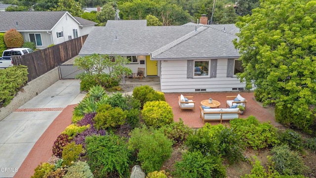 455 E Laurel Ave, Sierra Madre, CA 91024 - view of front facade with roof with shingles, a chimney, and an outdoor living space
