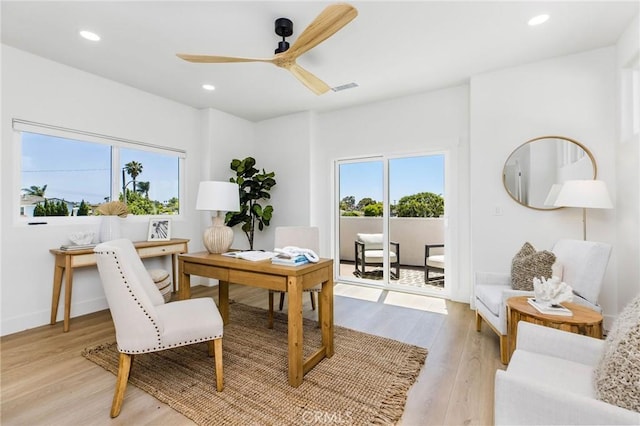245 Surf Pl, Seal Beach, CA 90740 - office area with plenty of natural light, light wood-style floors, ceiling fan, and recessed lighting