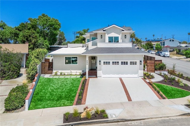 245 Surf Pl, Seal Beach, CA 90740 - view of front of home featuring stucco siding, an attached garage, concrete driveway, a front yard, and a shingled roof