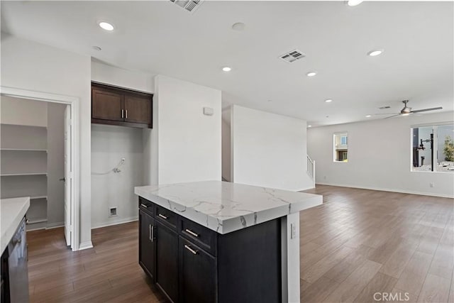 253 Steely, Irvine, CA 92614 - kitchen with a ceiling fan, wood finished floors, recessed lighting, open floor plan, and a kitchen island
