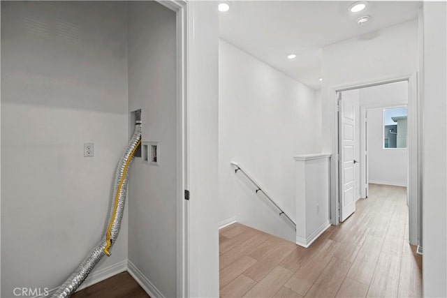 253 Steely, Irvine, CA 92614 - corridor with an upstairs landing, wood finished floors, and recessed lighting