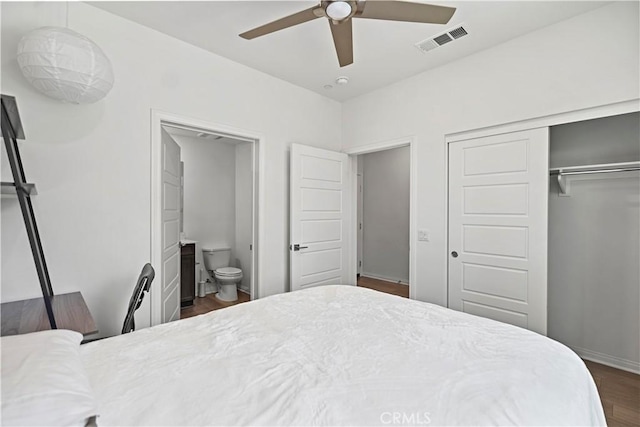 253 Steely, Irvine, CA 92614 - bedroom featuring a closet, dark wood-style floors, ensuite bath, and a ceiling fan