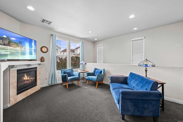835 Harbor Cliff Way Unit 286, Oceanside, CA 92054 - living area with carpet floors, recessed lighting, and a tiled fireplace
