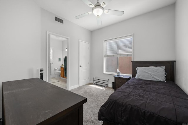210 Belflora Way, Oceanside, CA 92057 - bedroom featuring light colored carpet, ensuite bathroom, and a ceiling fan