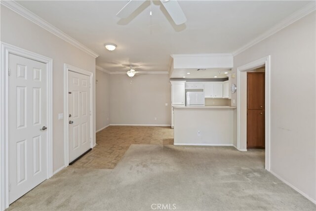 31387 Taylor Ln, Temecula, CA 92592 - unfurnished living room with a ceiling fan, light colored carpet, and ornamental molding