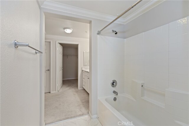 31387 Taylor Ln, Temecula, CA 92592 - bathroom with ornamental molding, bathtub / shower combination, vanity, and marble finish flooring