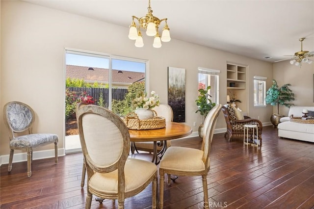 1432 Blackberry Ave, Arroyo Grande, CA 93420 - dining area featuring a chandelier, dark wood-style flooring, built in features, and ceiling fan