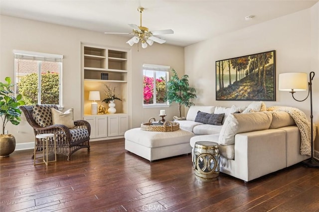 1432 Blackberry Ave, Arroyo Grande, CA 93420 - living area with a ceiling fan, hardwood / wood-style floors, plenty of natural light, and built in features