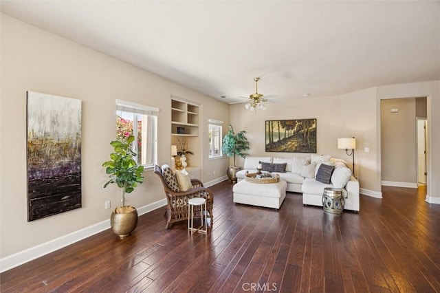 1432 Blackberry Ave, Arroyo Grande, CA 93420 - living area with a ceiling fan, dark wood-type flooring, and built in shelves