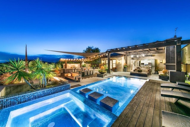 15614 S Chevy Chase, San Diego, CA 92127 - outdoor pool with an outdoor hot tub, outdoor lounge area, a pergola, and exterior kitchen