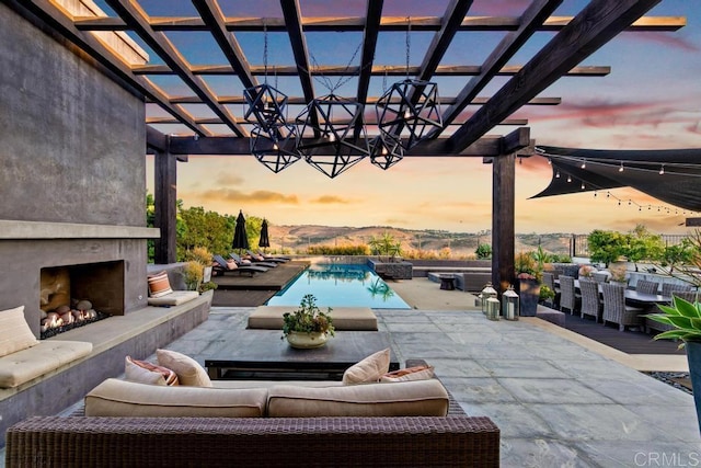 15614 S Chevy Chase, San Diego, CA 92127 - view of patio featuring an outdoor living space with a fireplace, a pergola, and an outdoor pool