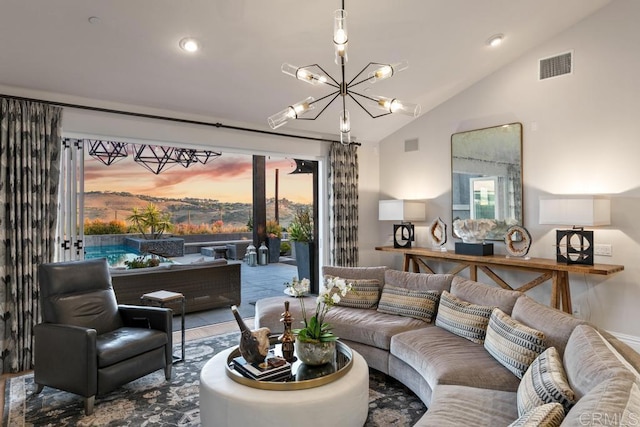 15614 S Chevy Chase, San Diego, CA 92127 - living room with a chandelier, lofted ceiling, recessed lighting, and wood finished floors