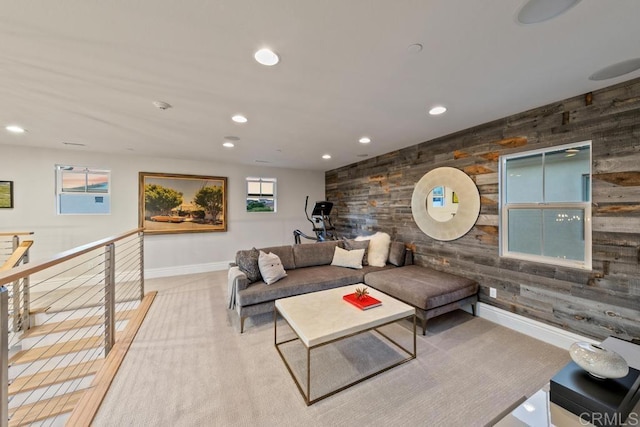 15614 S Chevy Chase, San Diego, CA 92127 - living room featuring wood walls, recessed lighting, plenty of natural light, an accent wall, and carpet