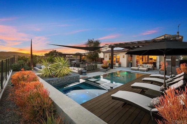 15614 S Chevy Chase, San Diego, CA 92127 - view of swimming pool featuring outdoor lounge area, area for grilling, a fenced backyard, a patio, and a pool with connected hot tub