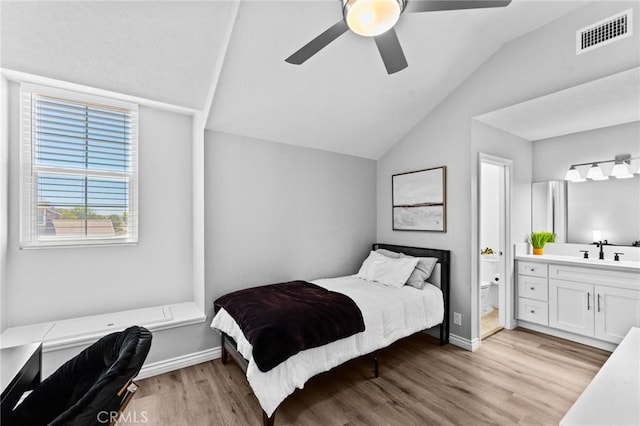 710 S Tourmaline Ct, Anaheim Hills, CA 92807 - bedroom featuring light wood-type flooring, vaulted ceiling, and ceiling fan