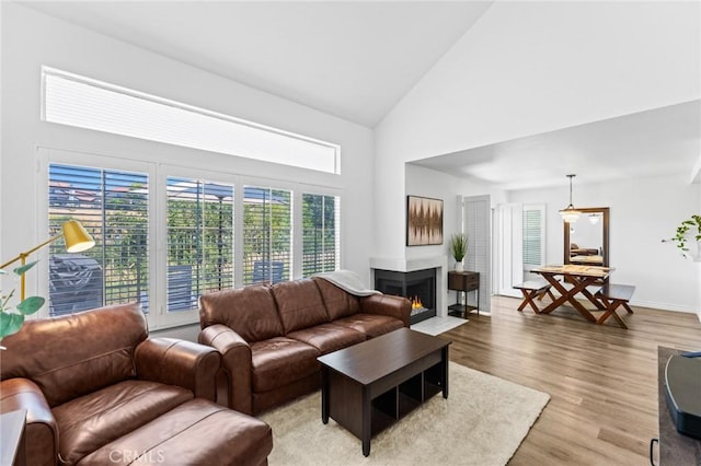 710 S Tourmaline Ct, Anaheim Hills, CA 92807 - living room featuring light wood-style flooring, high vaulted ceiling, and a multi sided fireplace