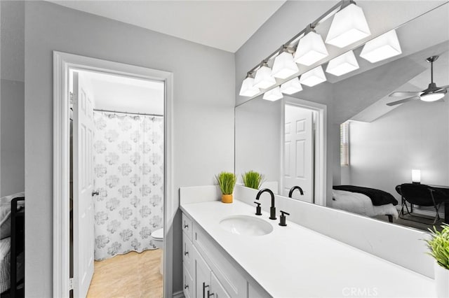 710 S Tourmaline Ct, Anaheim Hills, CA 92807 - bathroom featuring vanity, a ceiling fan, and curtained shower