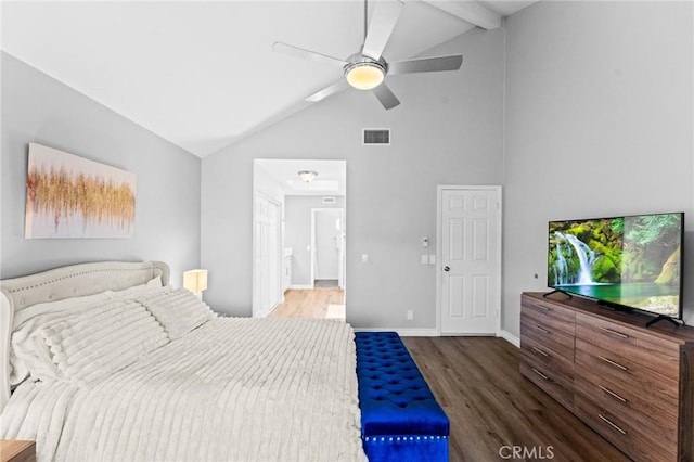 710 S Tourmaline Ct, Anaheim Hills, CA 92807 - bedroom with wood finished floors, high vaulted ceiling, ceiling fan, and beam ceiling