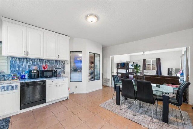 37908 52nd St E, Palmdale, CA 93552 - kitchen featuring black appliances, white cabinets, backsplash, and light tile patterned flooring