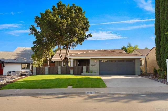 10437 Hermanos Rd, San Diego, CA 92124 - ranch-style house with an attached garage, driveway, a tiled roof, and brick siding