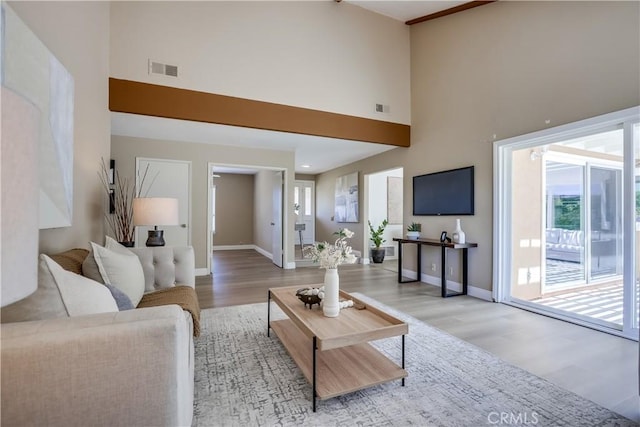 24482 Chrisanta Dr, Mission Viejo, CA 92691 - living room featuring a high ceiling, wood finished floors, and healthy amount of natural light