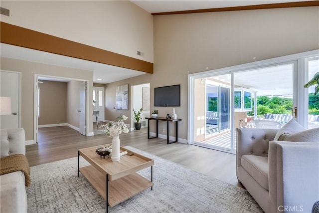 24482 Chrisanta Dr, Mission Viejo, CA 92691 - living area featuring light wood-style floors and high vaulted ceiling