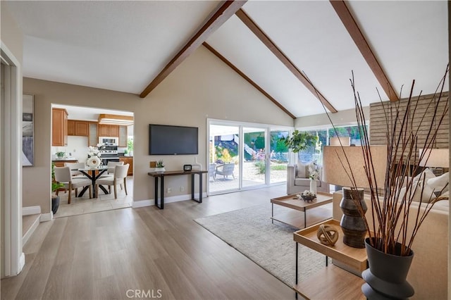 24482 Chrisanta Dr, Mission Viejo, CA 92691 - living room with beam ceiling, high vaulted ceiling, and light wood-type flooring