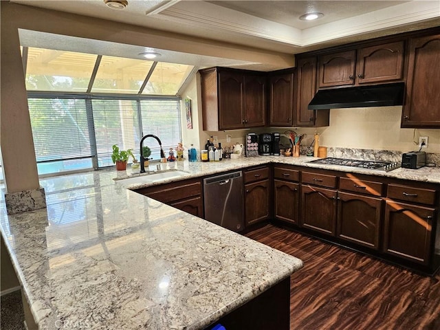 10771 Orchard View Ln, Riverside, CA 92503 - kitchen featuring appliances with stainless steel finishes, under cabinet range hood, light stone countertops, and dark brown cabinetry