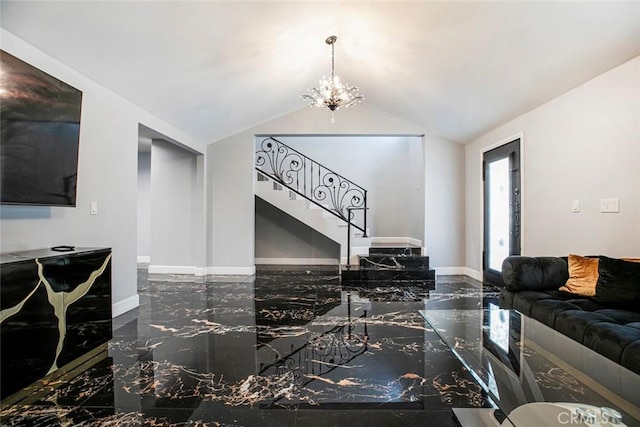 17800 Raymer St, Sherwood Forest, CA 91325 - living room featuring marble tiled flooring, stairs, and a chandelier