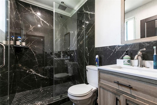 17800 Raymer St, Sherwood Forest, CA 91325 - bathroom with tile walls, vanity, a marble finish shower, and crown molding