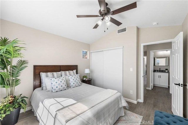 37921 Tackstem St, Palmdale, CA 93552 - bedroom with wood finished floors, a closet, lofted ceiling, and ceiling fan