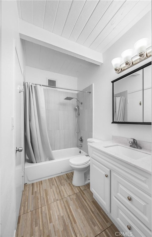 7924 Woodman Ave Unit 20, Panorama City, CA 91402 - bathroom with shower / bath combination with curtain, vanity, wood finished floors, and a wooden ceiling with exposed beams